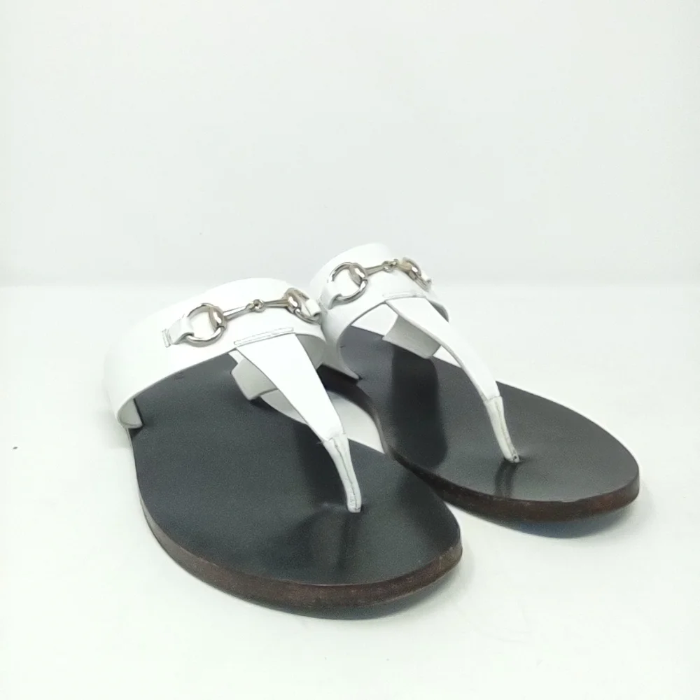 Gucci 37 Marcy horsebit thong sandals white leather flip flops flats